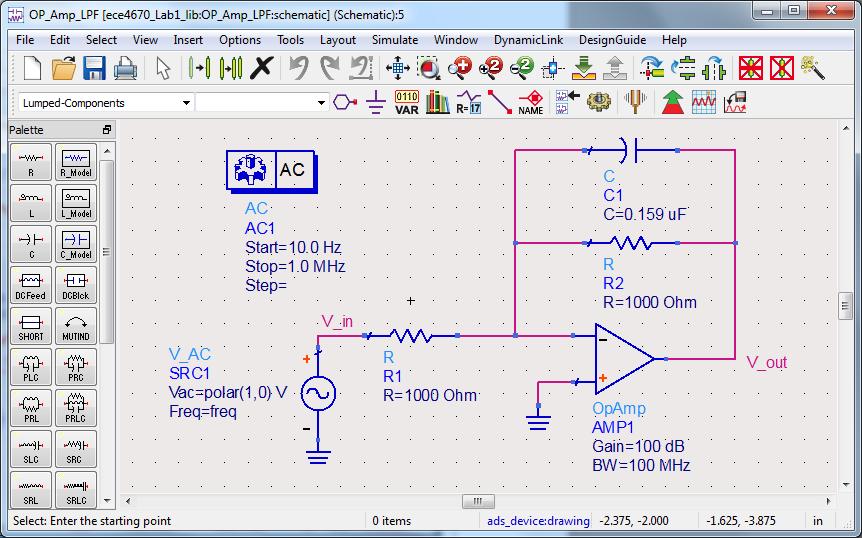 Working with ece467_lab1_wrk This schematic is set up to perform an AC analysis of an active lowpass filter ADS has a number of controller blocks that are used to perform a given simulation type Here