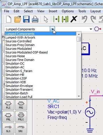 All devices related to a simulation are brought from the palette docked at the left side of the schematic window In the figure
