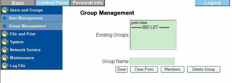 In Group Management menu, it shows all existing groups in the system. Fill in the form and click Save button to create the new group.