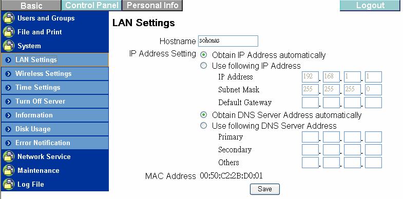 Use static IP address Acquire a unique IP address, Subnet mask, and Default gateway information from your network system administrator. Then fill in.