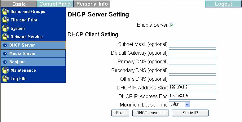 should set the IP address of 2 Bay NAS manually by static IP address before enable DHCP Server.
