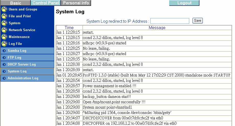 Administrator Log This screen will show about system record. 3.