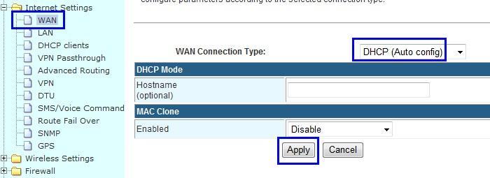 consecutive attempts, it will switch to the secondary line. Step 3) Navigate to Internet Settings WAN WAN Connection Type Cell. Configure the Cell WAN parameters.