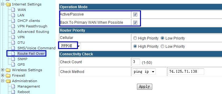 Active/Passive: Select. Back To Primary WAN When Possible: Select.