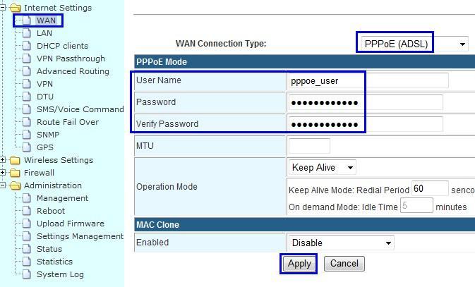 Fill in the correct parameters for xdsl. Notes: Do not forget to click the Apply button. Step 5) The CM685P/T router will automatically reboot and try to connect the WAN RJ45 PPPoE as the main line.