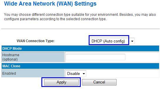 At WAN Connection Type, choose DHCP (Auto Config), and click the Apply button. The CM685P/T router will automatically connect to the WiFi Router and get a local IP from the WiFi router.
