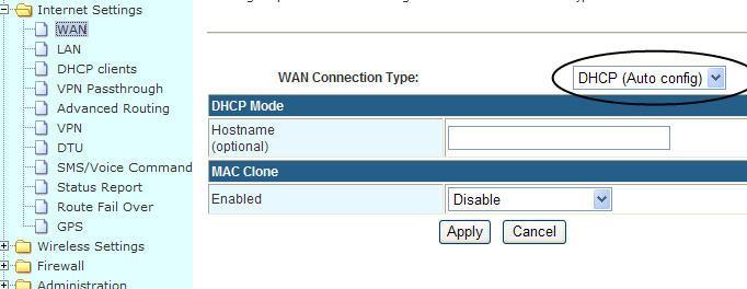 11. With the CM685P/T-c, go to Internet Settings--WAN, set the WAN connection type as DHCP (Auto config), and click Apply. 12.