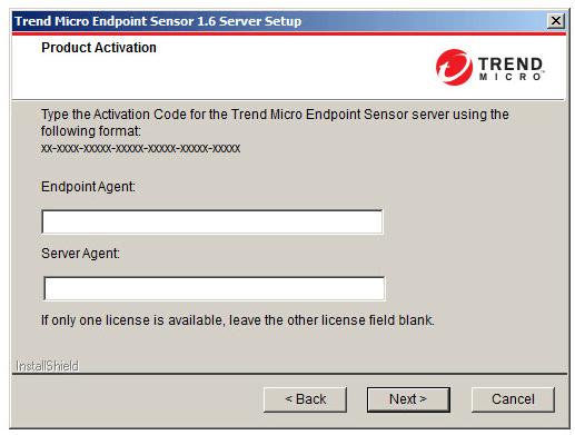 Trend Micro Endpoint Sensor Installation 4. Type the full or trial Activation Code for Endpoint Sensor.