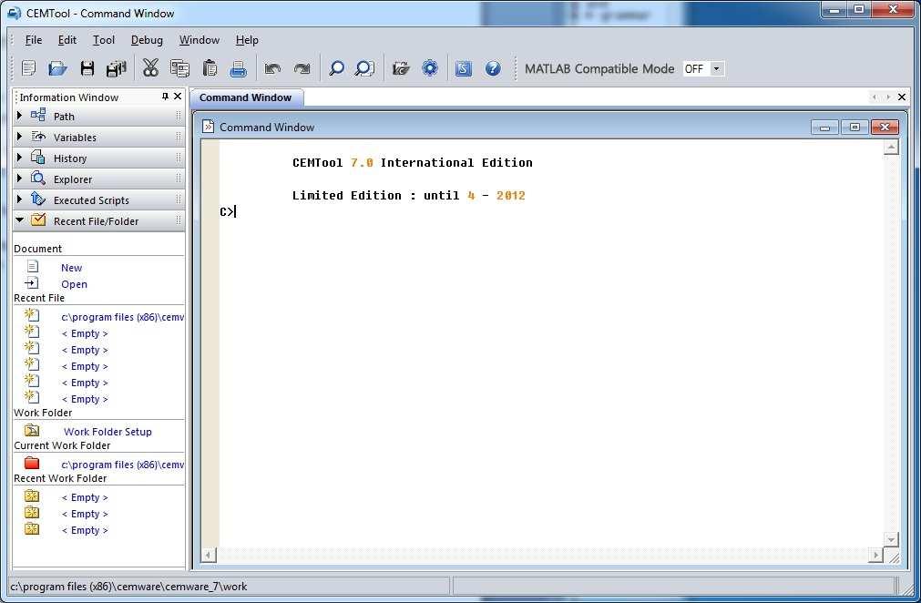 CHAPTER 1: The CEMTool Environment Figure 1-1 The CEMTool desktop Command Window and Basic Arithmetic The Command Window is found on the right-hand side of the CEMTool desktop.