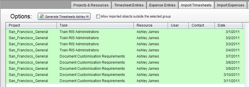 Imported timesheets that are displayed in green indicate that time has been logged against the 