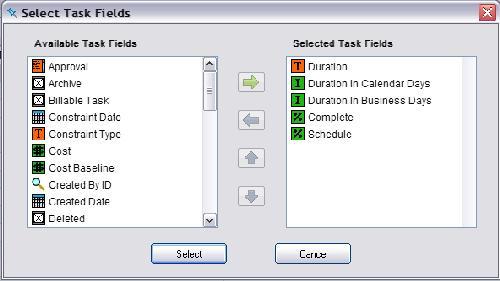 Task Fields - The second option is to add Task related fields. Here you can click on the Task Fields button and then select fields from the list of Available Task Fields.