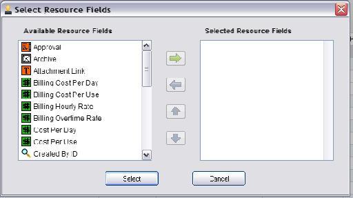 To remove a field, select the Field and click the blue arrow to move it to the Available Task Fields box. Resource Fields - The third option is to add Resource related fields.