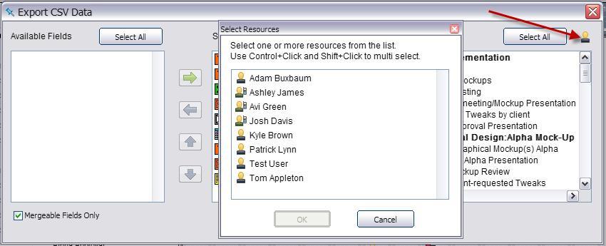 Users can also select tasks that are tied to a specific resource or multiple resources by clicking on the user icon in the top right corner of the dialog box and then selecting