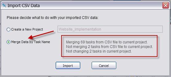 Here the user can either create a new project or they can merge data by Task name.