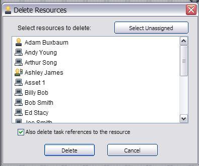 Once selected, the Delete Resources dialog box will appear. Here users can easily remove resources from a project by selecting their name and clicking on the Delete button.