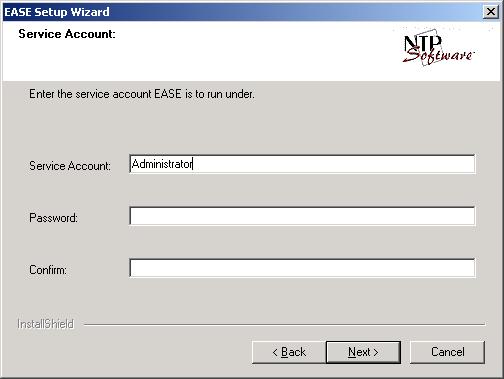 Part I: Basic Installation 21 The Service Account dialog box asks you to specify an account ID under which the EASE Service will run.