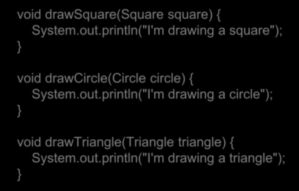 Proposed Extension : Triangle void drawsquare(square square) { System.out.println("I'm drawing a square"); void drawcircle(circle circle) { System.out.println("I'm drawing a circle"); void drawtriangle(triangle triangle) { System.