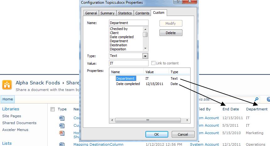 Creating a Control File 23 Mapping Custom Property Values to SharePoint Column Metadata You can use the Field/Column mapping option to populate columns in a SharePoint document library with custom