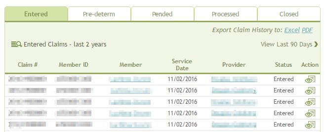 You can export the claims history to an Excel or PDF document. Simply click on the Excel or PDF link, based on the type of document you need.