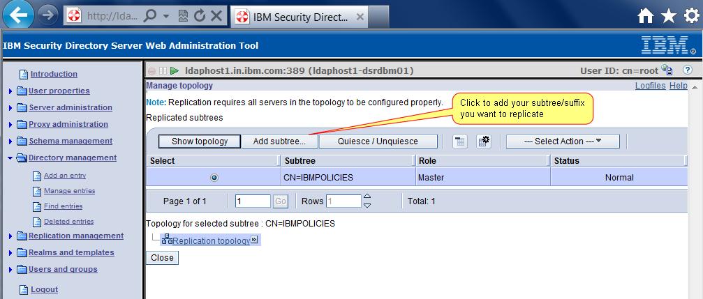 WAT" section. The right box indicates the current logged-in user, which in this case is cn=root (ISDS root administrator).