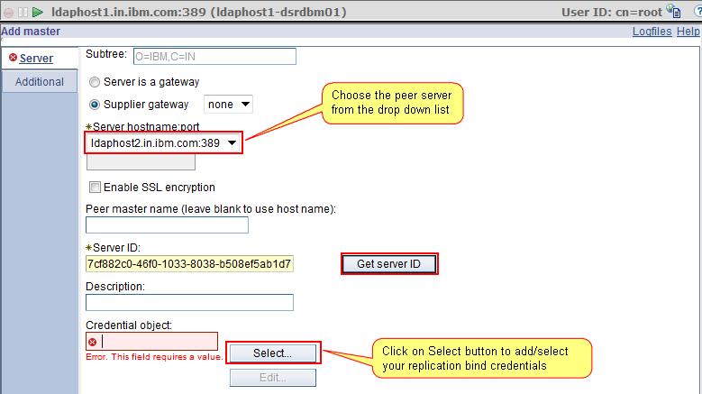 Figure 17: Add peer server to replication topology Click on the drop-down list for the field Server hostname:port to select your peer master server.
