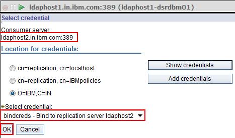 Figure 21: Select credential A stanza has been added to your DIT under DN ibm-replicagroup=default,o=ibm,c=in as shown in Listing 7: Bind credential.