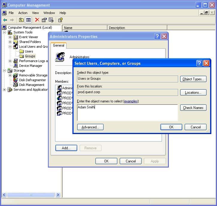 5. In the Select Users, Computers, or Groups dialog, enter the