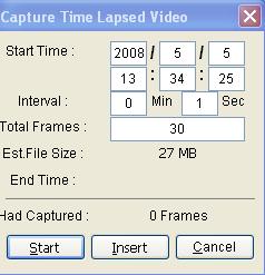 This window will open up allowing you to set the date, time, and total frames desired for the Time Lapsed Video Capture. Each frame represents a snapshot taken of the object being observed.