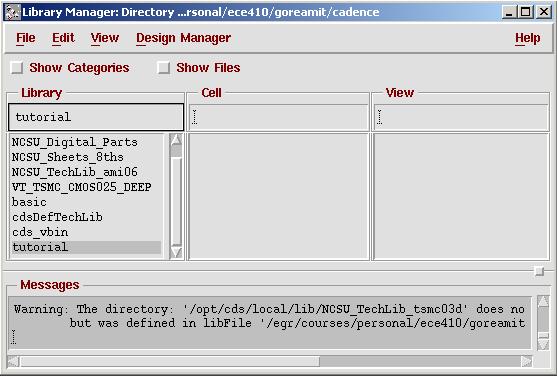 Now select File => New => Cellview. Use the Create New File window that pops up to create the schematic view for an inverter cell.