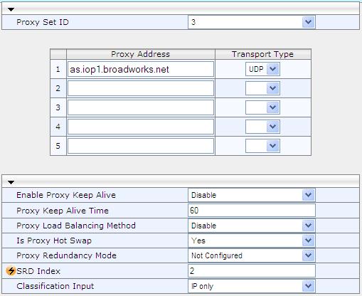 To configure Proxy Sets for the BroadWorks Application Server, use the following steps. 1) Open the Proxy Sets Table page (Configuration tab VoIP menu Control Network Proxy Sets Table).