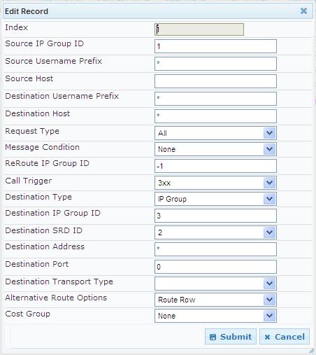 Figure 21 Internal to External (BroadWorks Application Server) IP-to-IP Routing Configuration (3xx Case) 1) From the Source IP Group ID drop-down list, select 1.