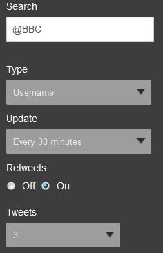 1 Search: Enter the search term you want to search twitter for. 1 2 Type: Select to search for a Username or Topic. 2 3 Update: Choose the frequency to update the feed.