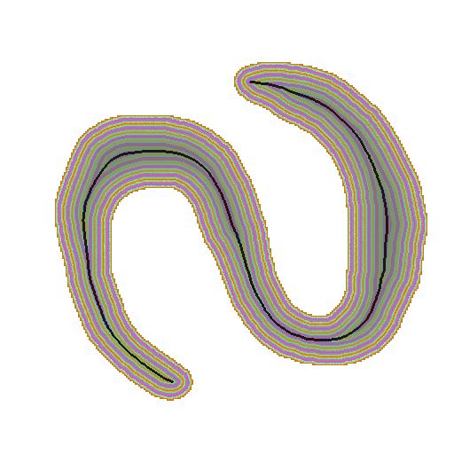Figure 82. An irregulr feture shown with its skeleton superimposed on the EDM (using pseudo-color), nd the histogrm of the EDM vlues selected y the skeleton.
