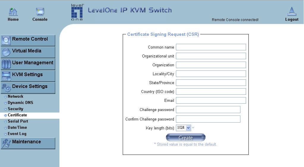 6.6.4 Certificate Figure 6-28. Certificate Settings The KVM-9000 uses the Secure Socket Layer (SSL) protocol for any encrypted network traffic between itself and a connected client.