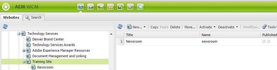 You will now see the page titled Newsroom (or whatever title you gave it) in the right column as well as below its parent page in the left column: Double click on your new Newsroom page name in the
