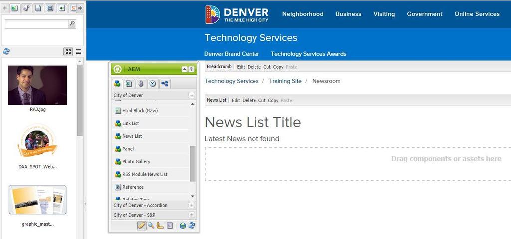 Once you are in the new page you will begin by dragging the News List component from your sidekick into the Drag Components or Assets here section of the page.