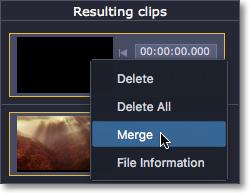 Right-click on the clips and select Merge from the pop-up menu.