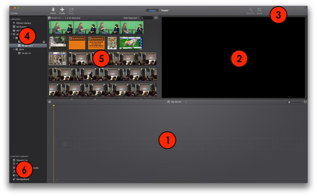 imovie 10 Workshop #1 from basics to badass interface importing open / save previewing selecting 1) The Project Area shows how your clips are arranged in your project 2) The Viewer allows you to