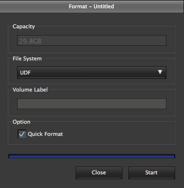 3. Make format settings. [File System]: You can select UDF or FAT32 (XDCAM EX format). [Volume Label]: You can enter a volume label.