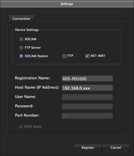 Registering Remote Hosts To use an XDCAM device, XDCAM Station, or server on a network, it must first be registered as a remote host. You can register up to 16 remote hosts. Registering a new host 1.