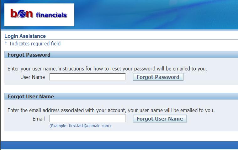 BEN Financials Login Window Enter your application User Name and Password Click on