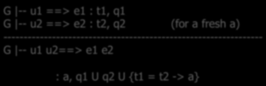 FuncFon ApplicaFon G -- u1 ==> e1 : t1, q1 G -- u2 ==> e2 : t2, q2 (for a fresh a)