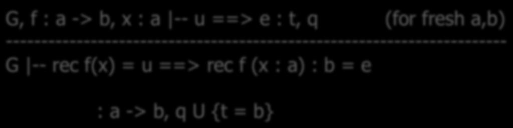 FuncFon DeclaraFon G, f : a -> b, x : a -- u ==> e : t, q (for fresh a,b)