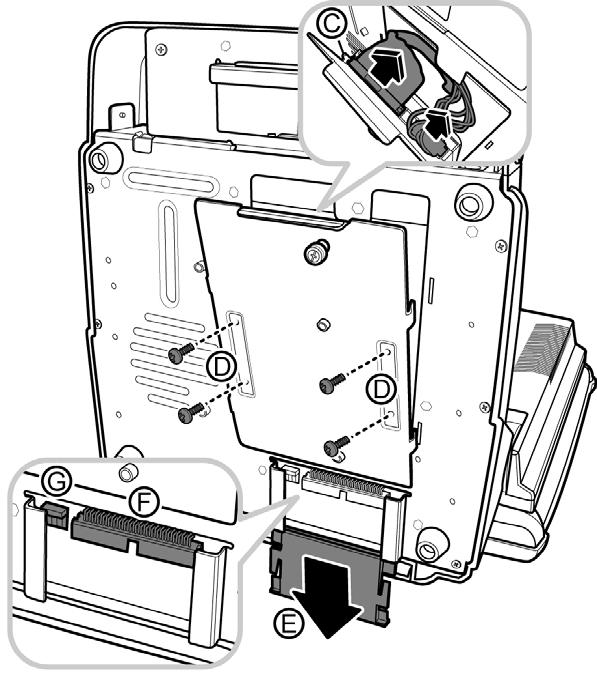 Pull out the HDD bracket and disconnect the power and data connectors from the hard disk drive as shown (C). 3. Remove the four screws fixing the hard disk drive (D). 4.