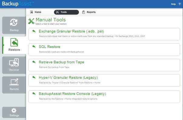 3. Tools menu Displays the different restore technologies available in BackupAssist. These tools provide an advanced restore option for experienced users and technical support.