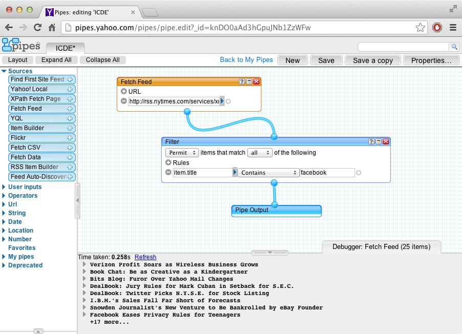 Fig. 8.6 Screen shot of Yahoo! Pipes with the debugging tab open (bottom).