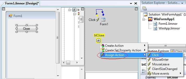 L i m n o r S t u d i o U s e r G u i d e - P a r t I 27 As assigning action using UI Designer, select the Close action and click Next. III.4.