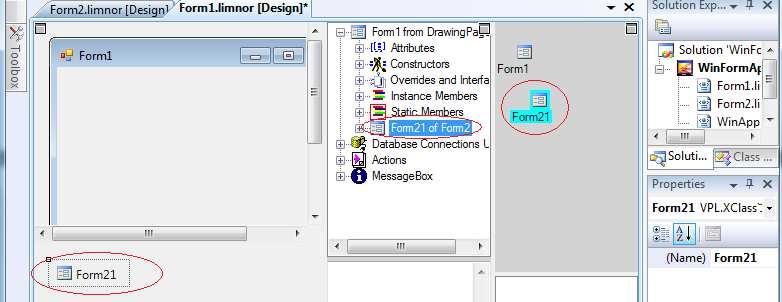 Drop Form2 from the Toolbox to Form1: An instance of