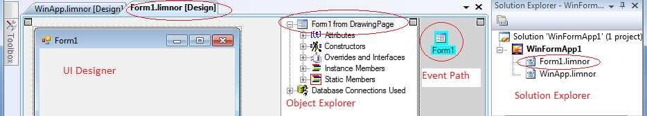 L i m n o r S t u d i o U s e r G u i d e - P a r t I 8 The root node of the Object Explorer shows Form1 from DrawingPage, which means class Form1 is derived from an existing class named DrawingPage.