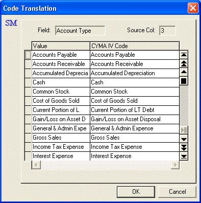 General Import Code Translation The Code Translation dialog box allows you to specify values contained in a specific CSV source file column and map them to codes in a CYMA IV code table.